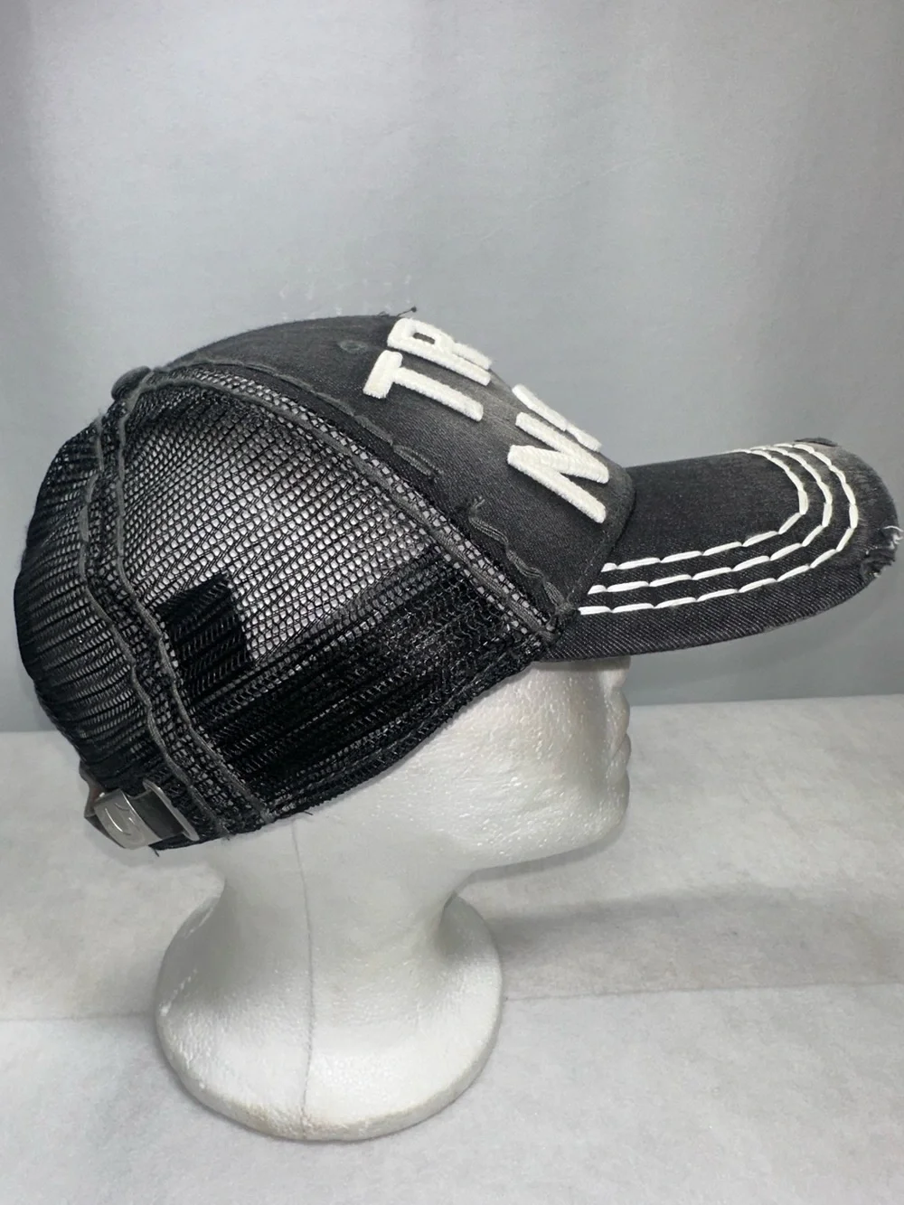 True Religion Trucker Hat Cap Black TRUE RLGN spellout Distressed Leather Strap